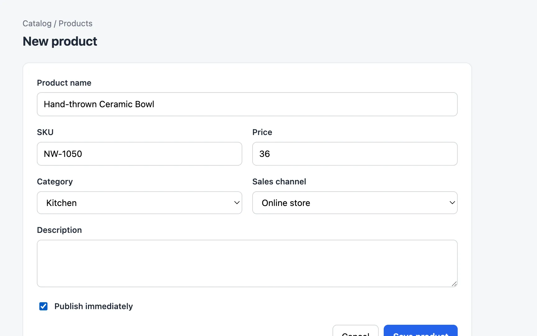 A demo store admin with the New product form filled in: product name, SKU, price, category, sales channel and Publish immediately checked.