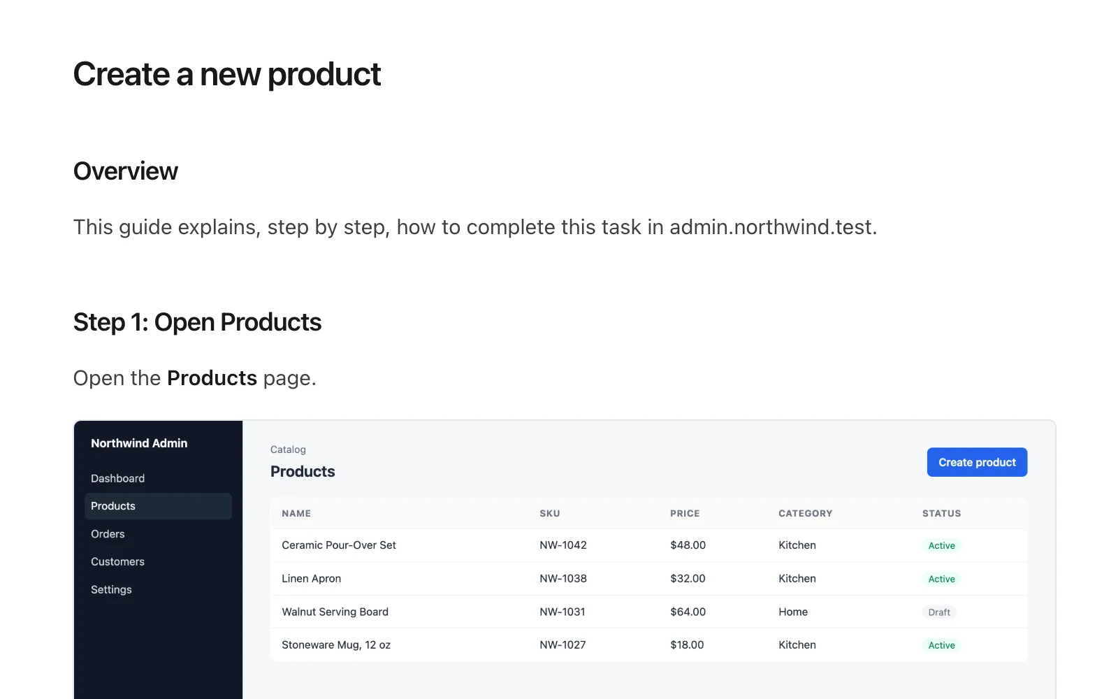 Docflow preview of the finished guide, with an overview and Step 1: Open Products with its screenshot.