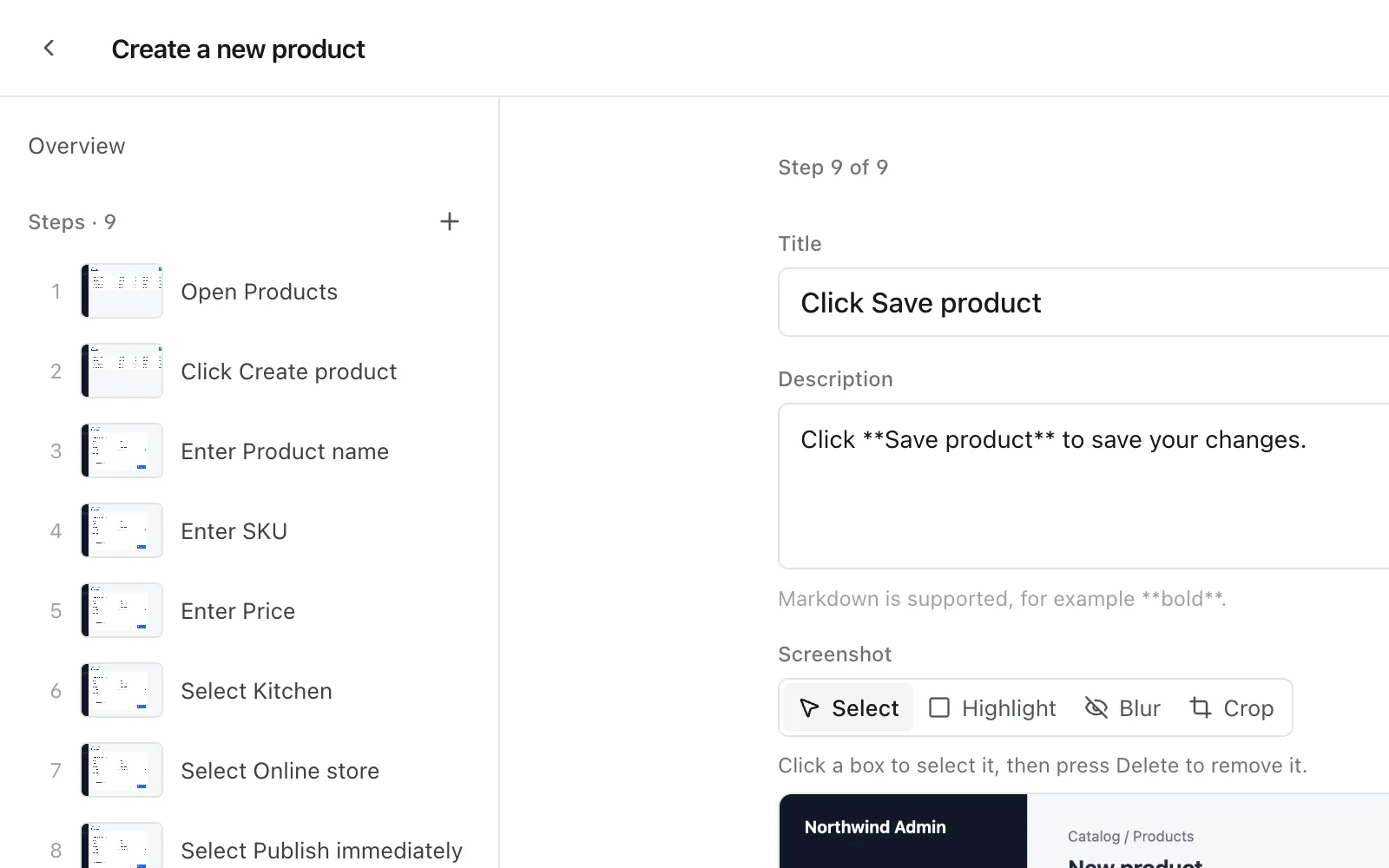 The Docflow editor listing the nine recorded steps.