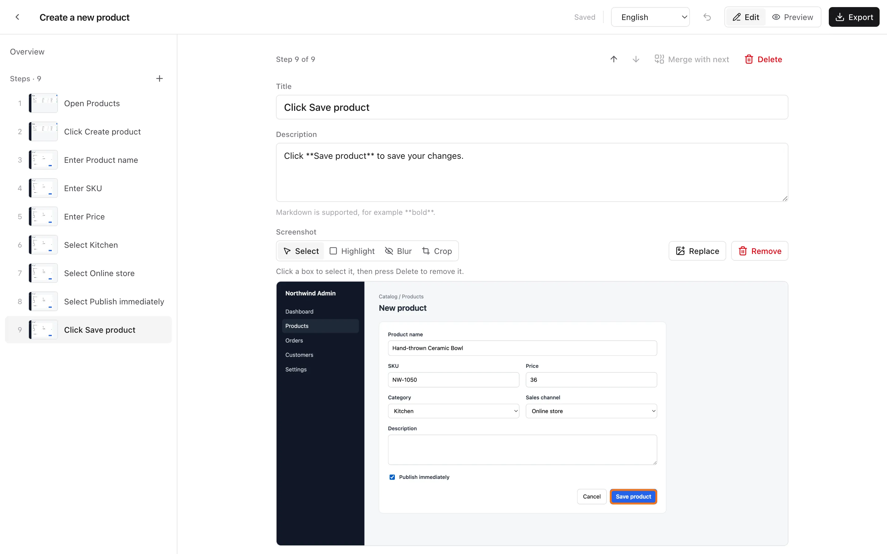 The Docflow documentation editor showing nine recorded steps for creating a product, with step 9, Click Save product, selected and its screenshot outlining the Save product button.