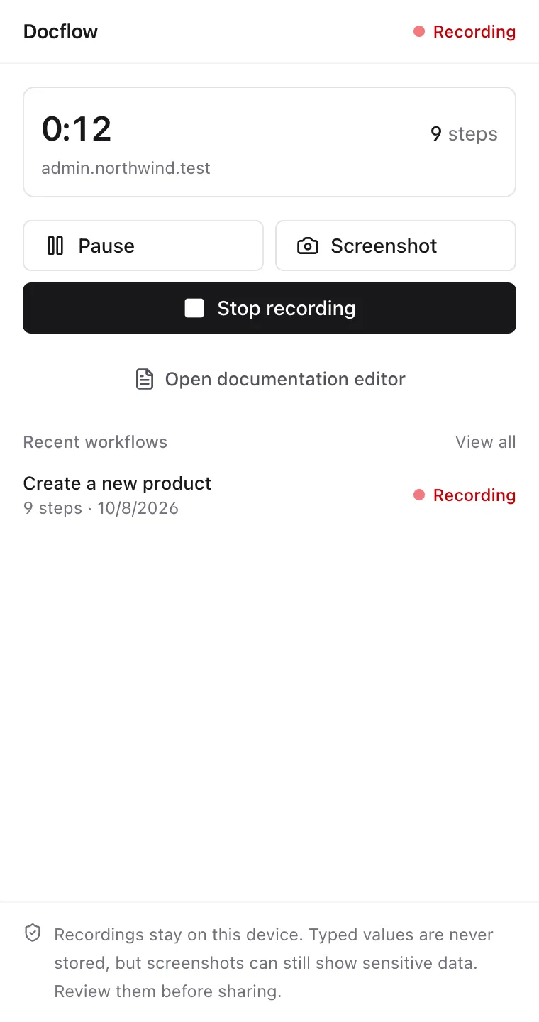 The Docflow side panel while recording: timer at 0:12, 9 steps captured, with Pause, Screenshot and Stop recording buttons.